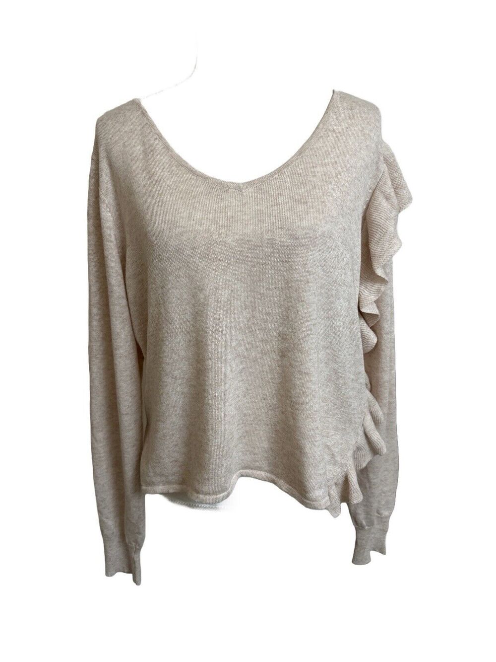 NWT Anthropologie John + Jenn Women's M Side Ruffle Ivory Birch V-Neck Sweater